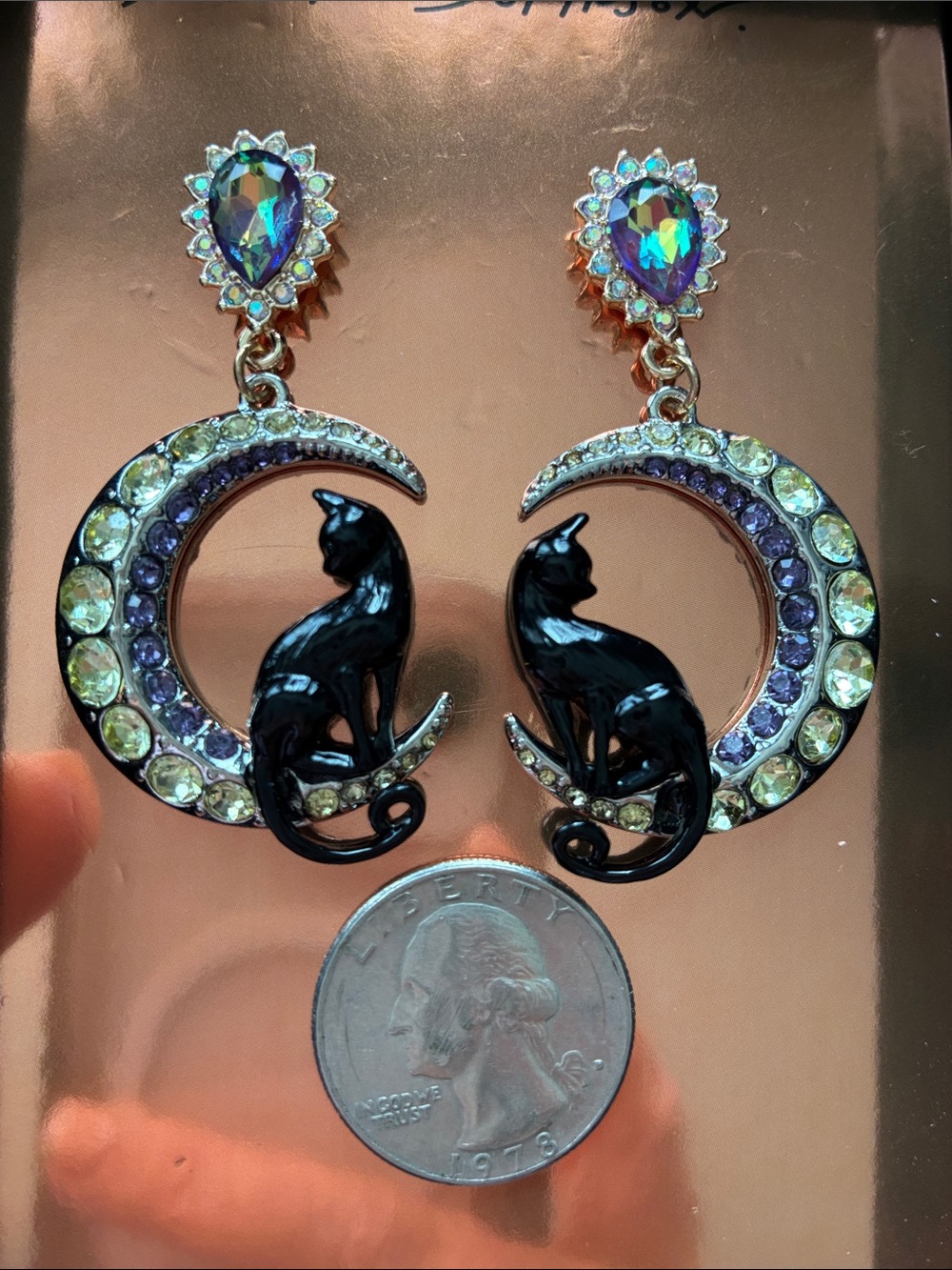 Betsey Johnson Black Cat Crescent Moon Earrings with Iridescent Teardrops NIB - Picture 3 of 4